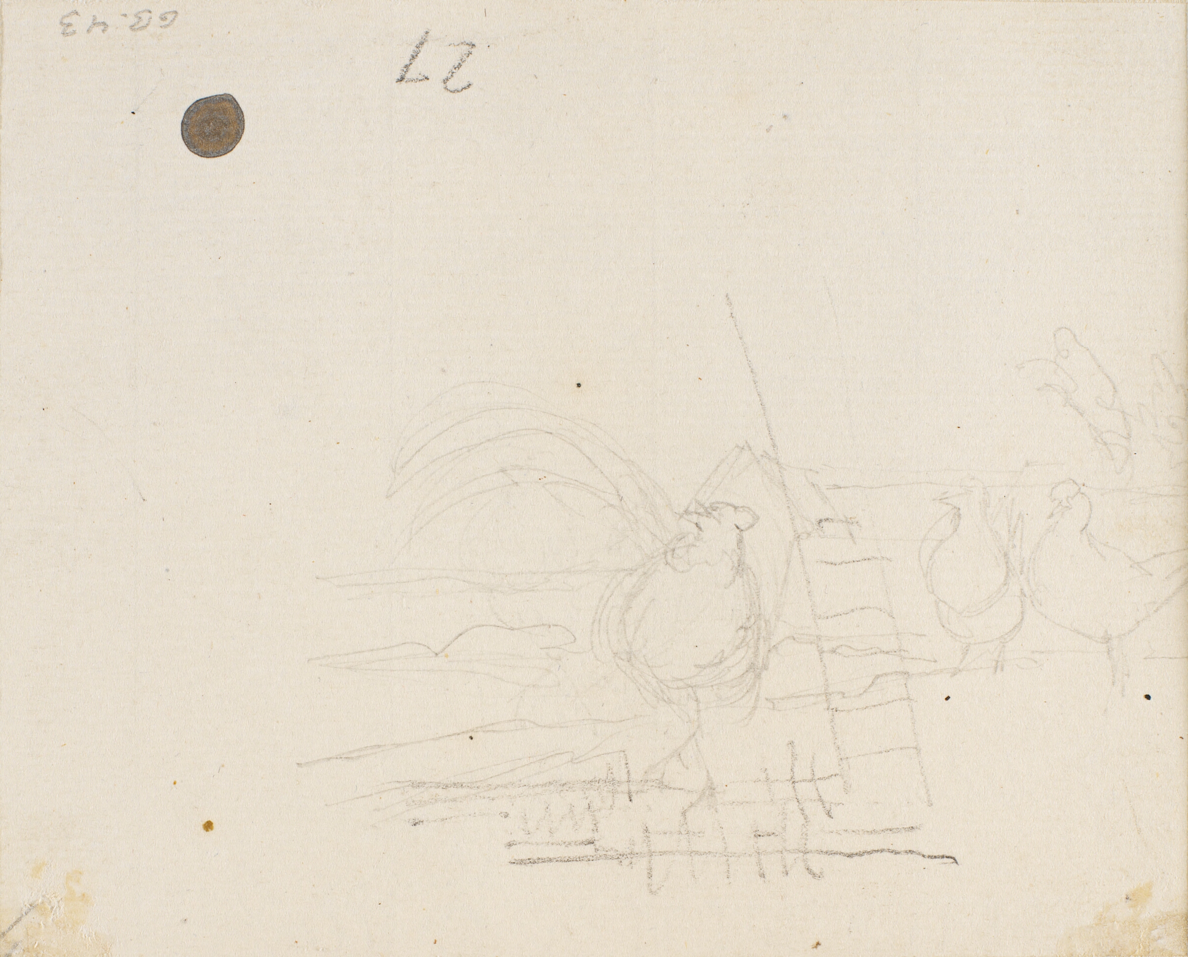 Blyantsstudie af en hane og to høns. Illustration til Kaalunds "Fabler for Børn". Se kommentar fra arkkatalog.